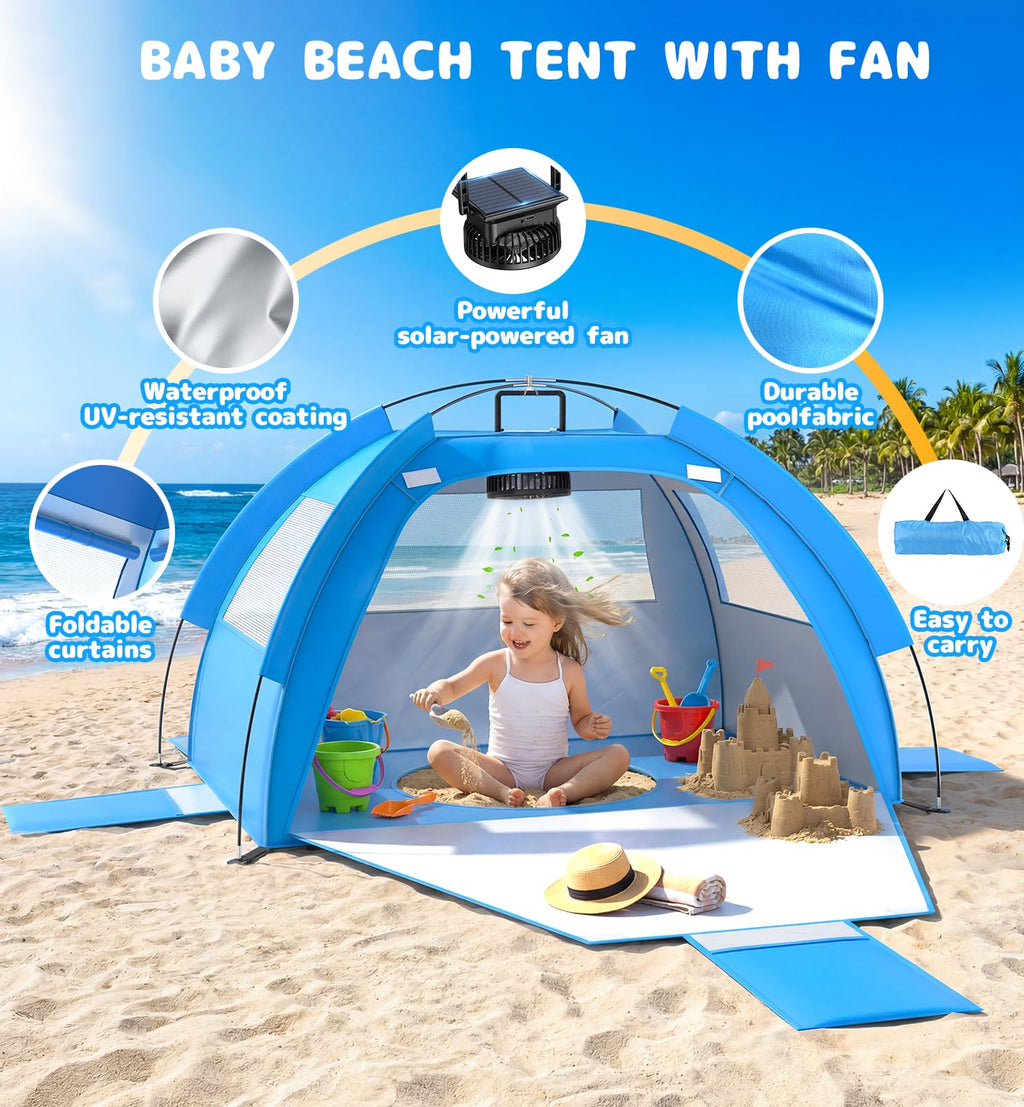 Dsquu Baby Beach Tent Solar Cooling Fan, Anti-UV Toddler Beach Tent Sun Shelter Portable Travel Fan Beach Shade Tent, Baby Play Tent Built-in Ceiling Fan Sun Shelters Toddler Beach Essentials Blue