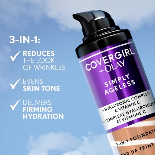 COVERGIRL & Olay Simply Ageless 3-in-1 Liquid Foundation - Matte Finish with Hyaluronic Acid & Vitamin C, 220 Creamy Natural