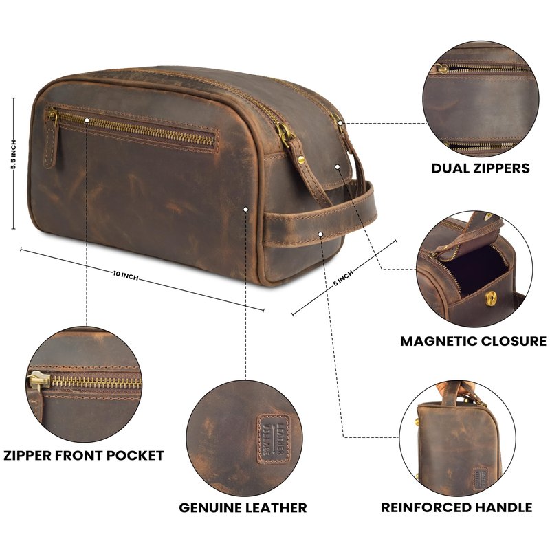 LEATHER VILLAGE Genuine Leather Toiletry Travel Bag With Waterproof Lining - Brown | King-Size Handcrafted Vintage Dopp Kit Bag, Shaving & Bathroom Organizer, Gift for Men & Women