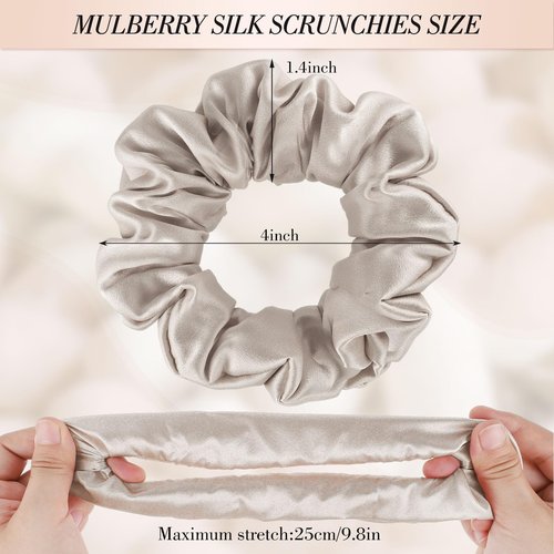 4 Pack Mulberry Silk Scrunchies, Brown Silk Hair Ties for Hair Sleep No Damag Satin Scrunchies Gifts for Mom Wife
