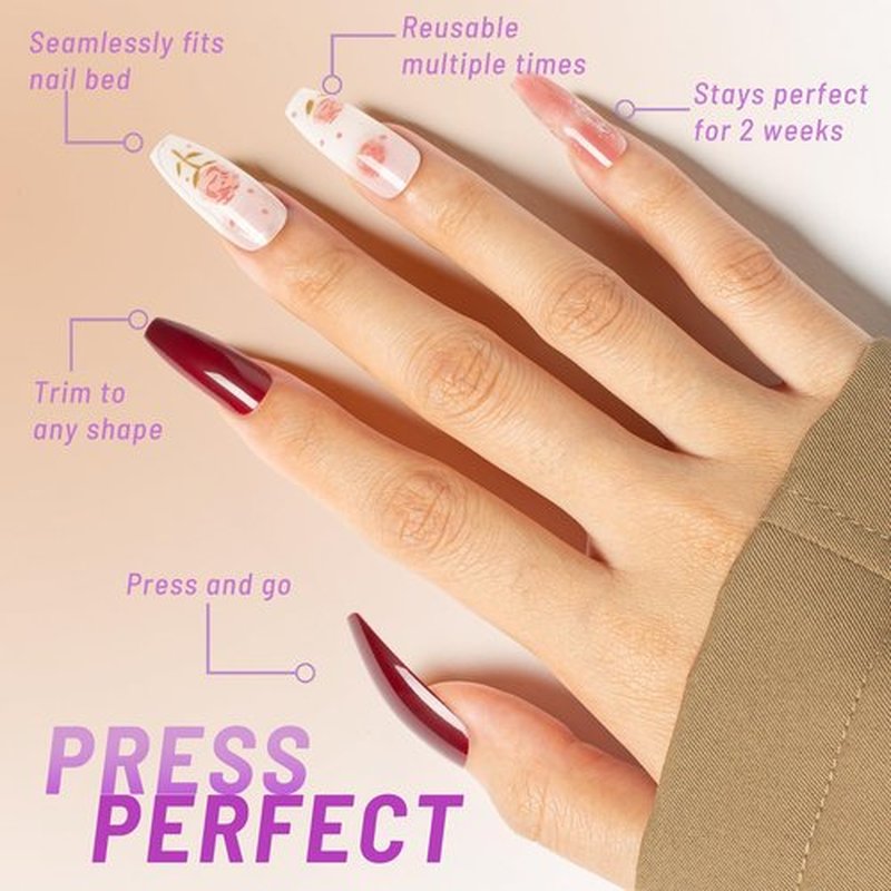 ClawArts Chic Long Coffin Shape Hand-Painted Rose Floral Press on Nails in Burgundy and White, Golden Trim Accents, No Liquid Glue or UV Light Needed, Suitable for Office and Everyday Wear