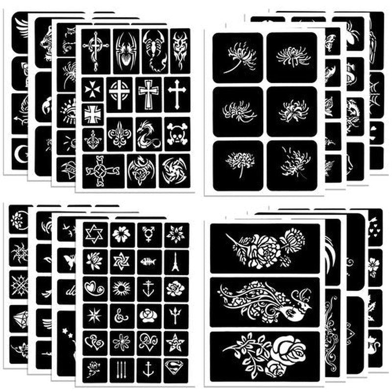 Qpout Tattoo Stencils for Kids and Adults - 16 Sheets Henna Kit With Small and Big Designs for Real Tattoos - Skeleton, Spider, Owl, Flower, Butterfly, Tribal, Totem