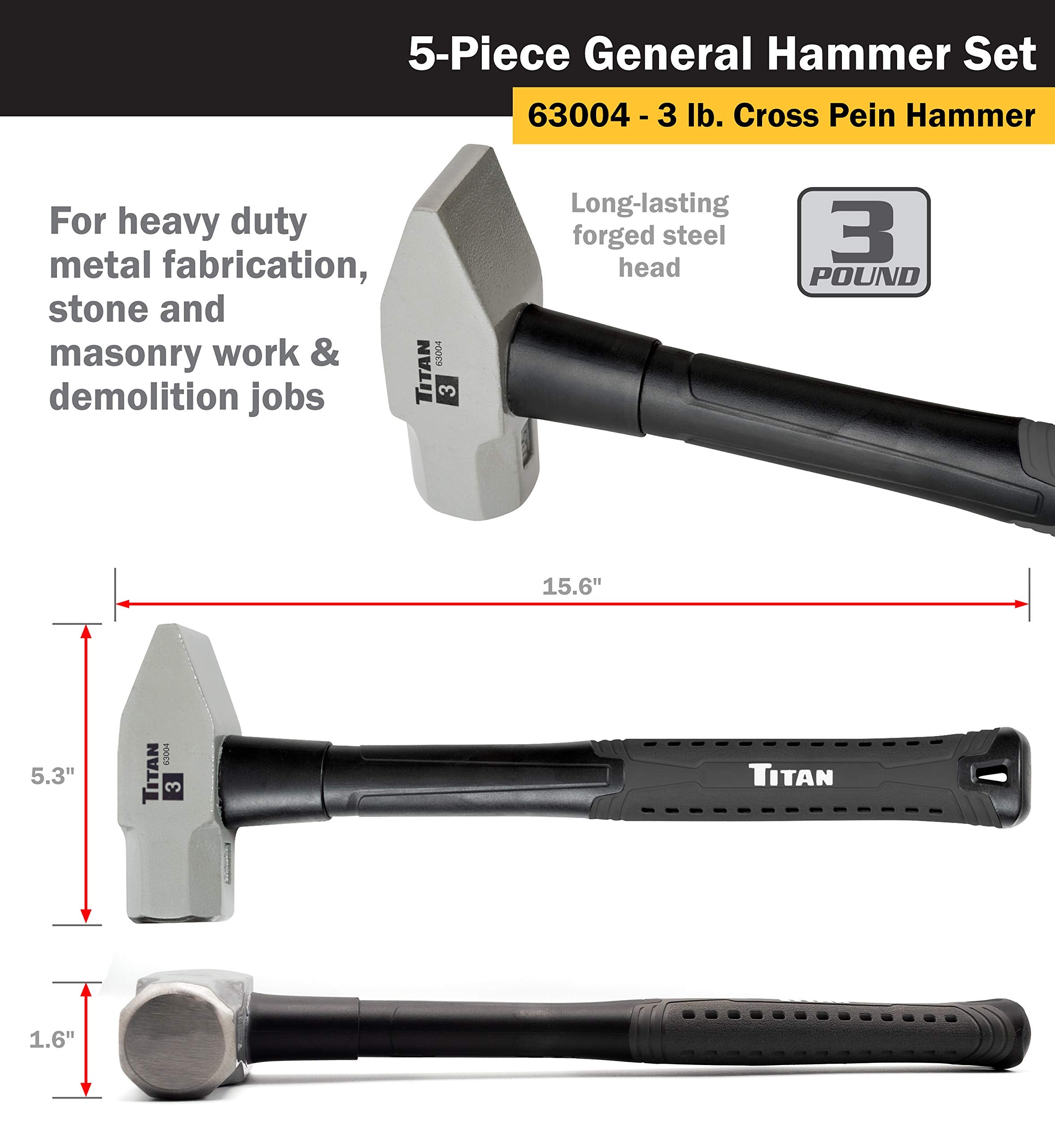 Titan 63125 5-Piece Hammer Set, Includes 16oz & 32oz Ball Pein, 32oz Rubber Mallet, 3lb Sledgehammer, & 3lb Cross Pein, Shock Absorbing Fiberglass Handles with Textured Grips