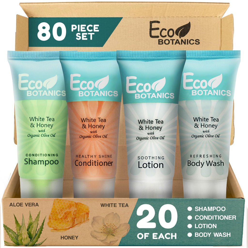 Travel Size Hotel Toiletry Set 80 Count 0.85 oz Bottles Guest Amenities for Vacation Rentals and Short Term Rentals Paraben Free White Tea Scent Infused with Aloe and Olive Oil by Eco Botanics