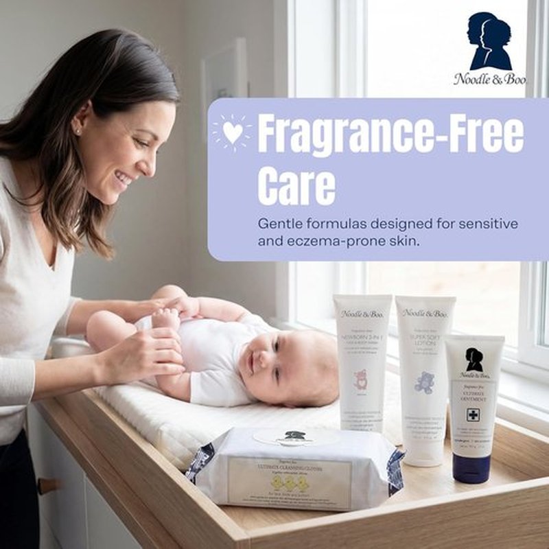 Noodle & Boo Baby Skincare Bundle - Fragrance-Free 4-Piece Set for Sensitive Skin | Ointment, Shampoo, Lotion & Cloths
