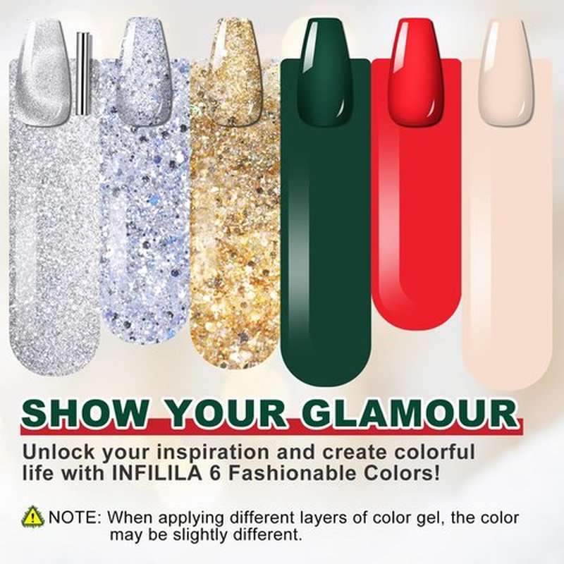 NXJ INFILILA Cat Eye Christmas Gel Nail Polish Set 6 Colors, Winter Christmas Gel Polish Set Sparkle Green Red Glitter Silver New Year Fall Gel Polish Kit Nail Art Manicure(Feline Luster07)