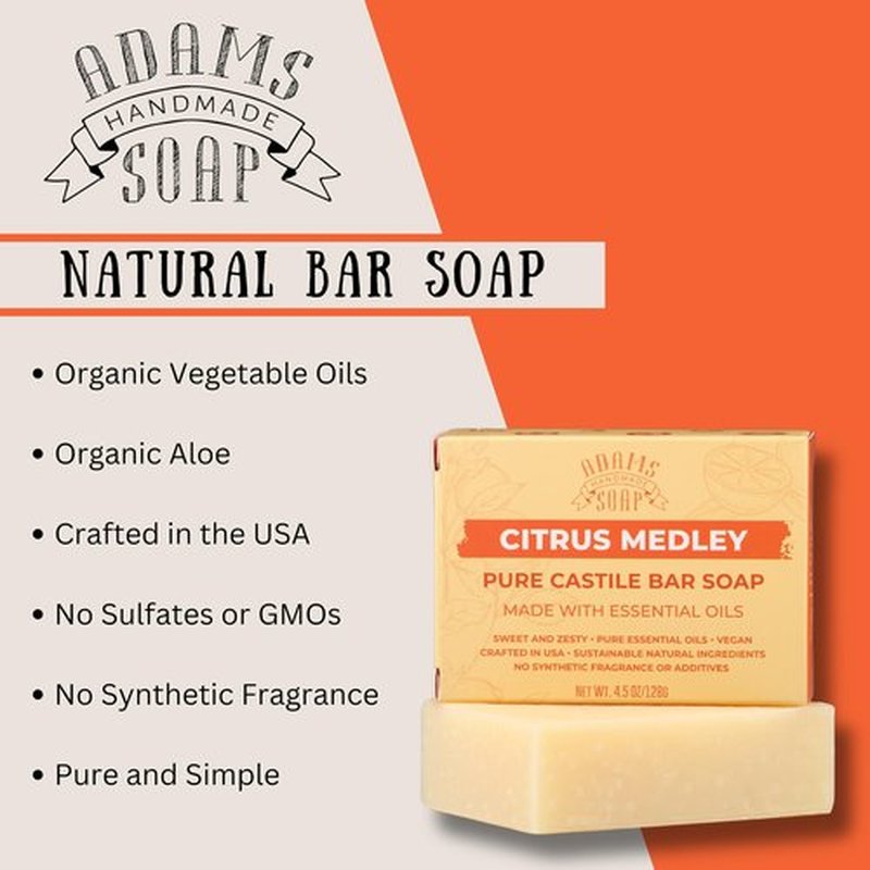 Adams Handmade Soap Citrus Medley Castile Bar Soap – 4.5 oz | Vegan, Cold Processed, Plant-Based Oils, Small Batch