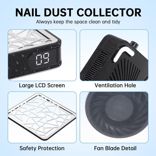 CHRISTINE SHELLY Nail Dust Collector, Cordless Dust Collector Nail Tech, Powerful Vacuum Fan Vent Dust Collector Extractor Dust Suction Machine for Acrylic Nails Polishing, Nail Salon, Black Diamond