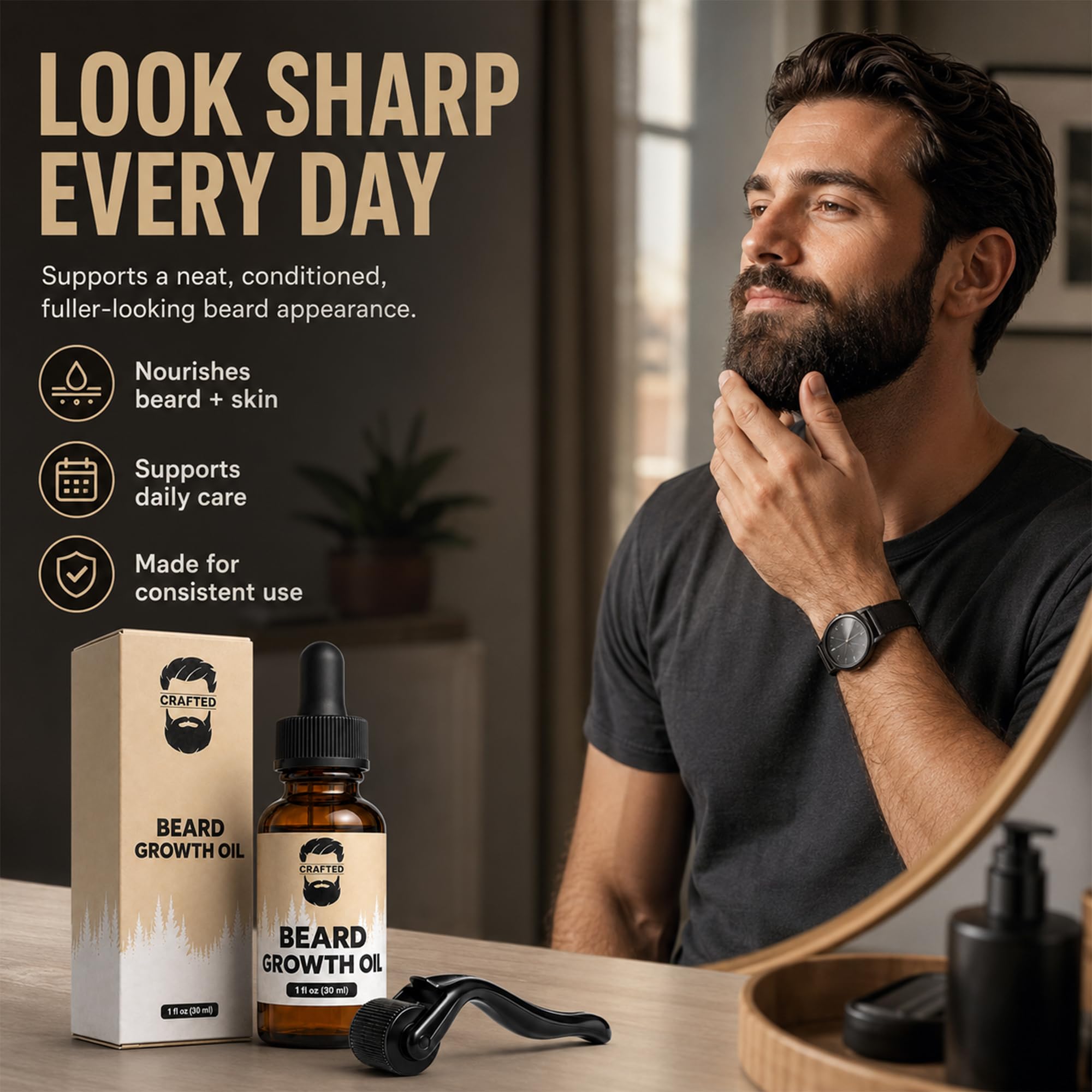 Crafted Beard Growth Kit - Grow a Thicker, Fuller Beard - Complete 3-Month Set with Oils, Roller, and Vitamins (1 Month Kit)