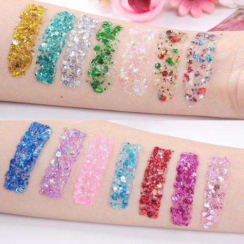 AROIC 14 Colors Body Glitter, Face & Hair Glitter Gel Set for Festival, Eye Shimmer for Women Glow in the Dark Rave Accessories Party Supplies, Face Paint Hair/Cheek/Eyelid Sparkle Makeup-18ml/Tube