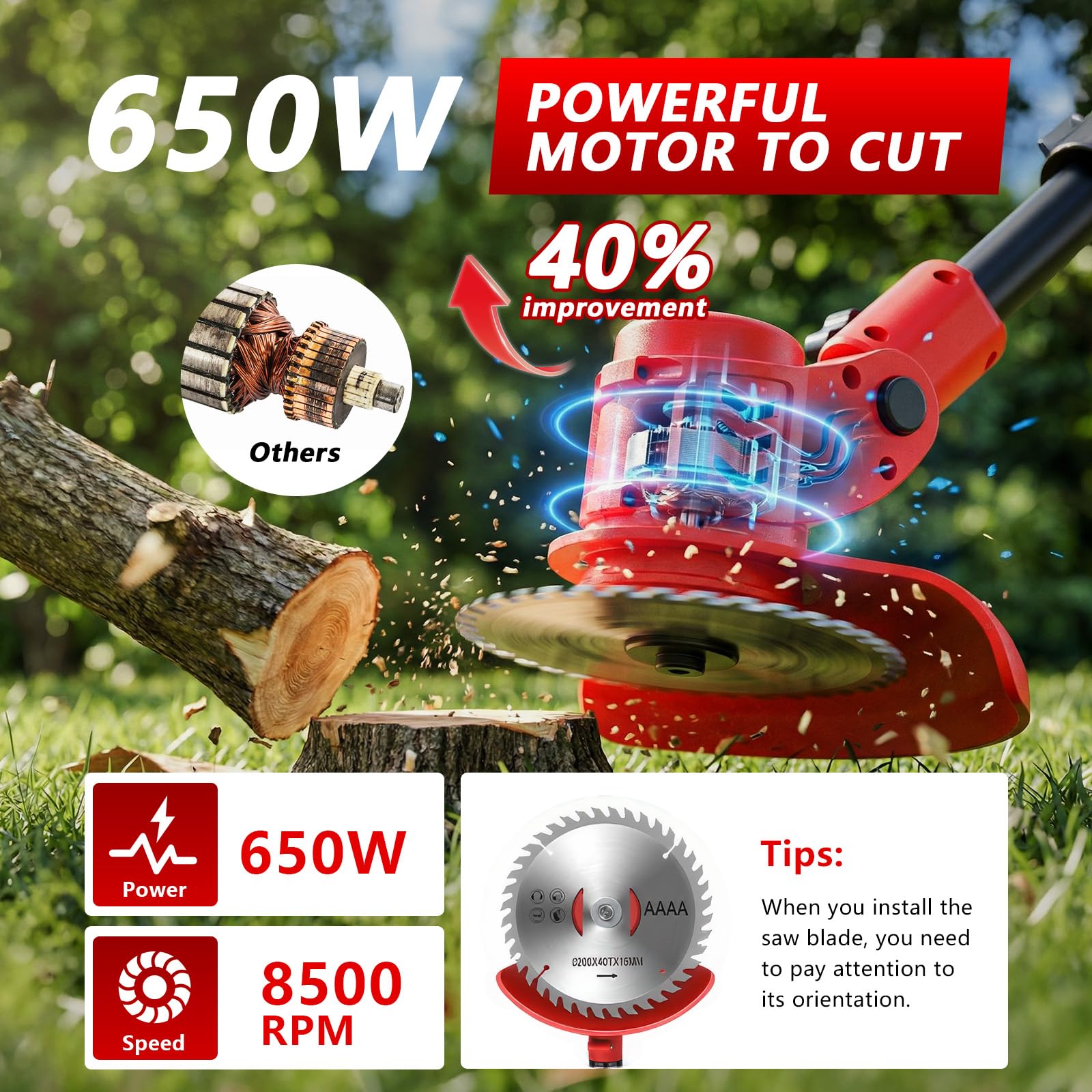 Electric Weed Wacker Cordless with Wheels, 4-in-1 Weed Eater Battery Powered 4000mAh 21V, Brush Cutter/String Trimmer/Grass Trimmer/Lawn Mower with 3 Types Blades, Lightweight Garden Tool, 2 Battery