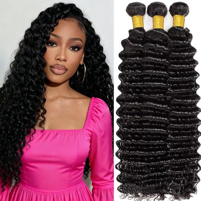 Human Hair Bundles Deep Wave 12 14 16 Inch Curly Bundle Human Hair 12A Virgin Unprocessed Brazilian 3 Bundles Hair Wet and Wavy Quick Weave Hair Extensions For Women Natural Black