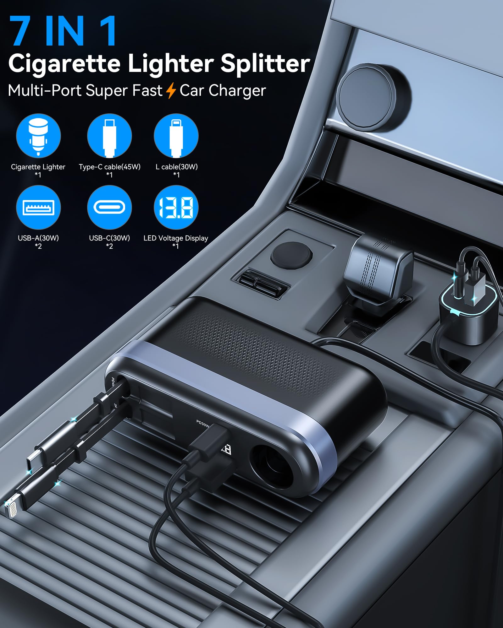 7-in-1 295W Cigarette Lighter Splitter, Cigarette Lighter Adapter with Retractable 45W USB-C/30W Lightning Cables, Car Charger Adapter with LED Voltage Display,5FT Extension Cord for All Car Devices