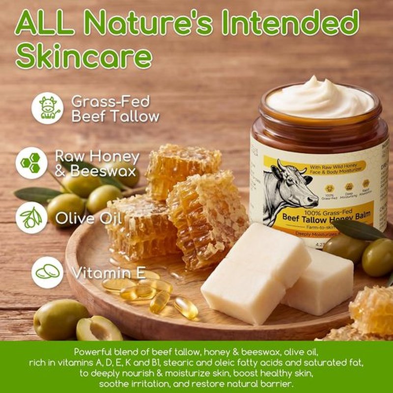 Beef Tallow | 100% Grass-Fed Face Moisturizer & Whipped Honey Balm Cream - Unscented 4.2 OZ
