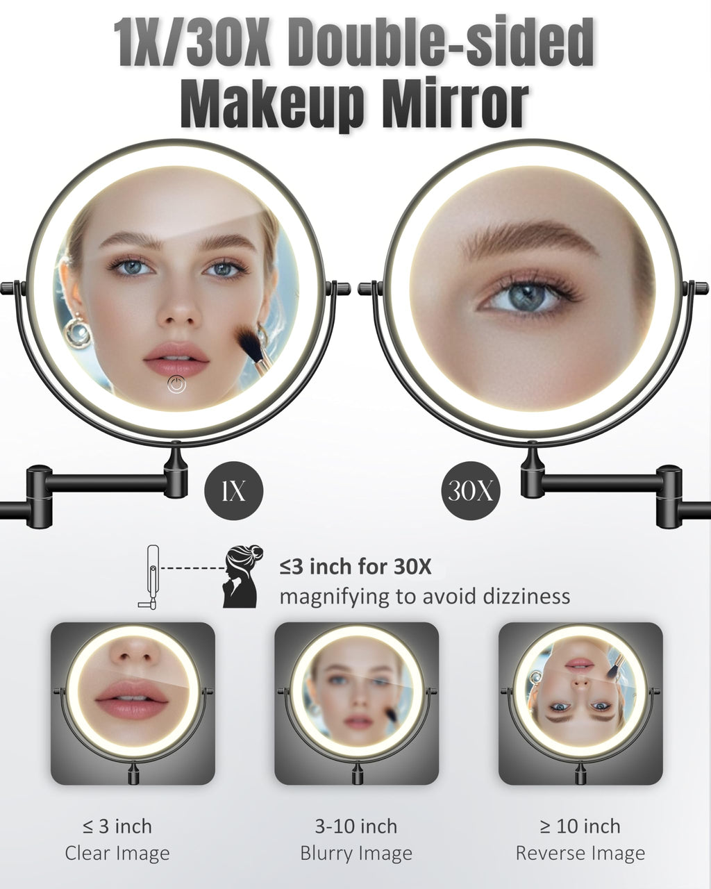 Wall Mounted Makeup Mirror with Light, 30X/1X 8'' Double Sided LED Magnifying Bathroom Lighted Vanity Mirror with Magnification, 3 Color Light up Touch Dimmable Extended Arm 360 Rotation