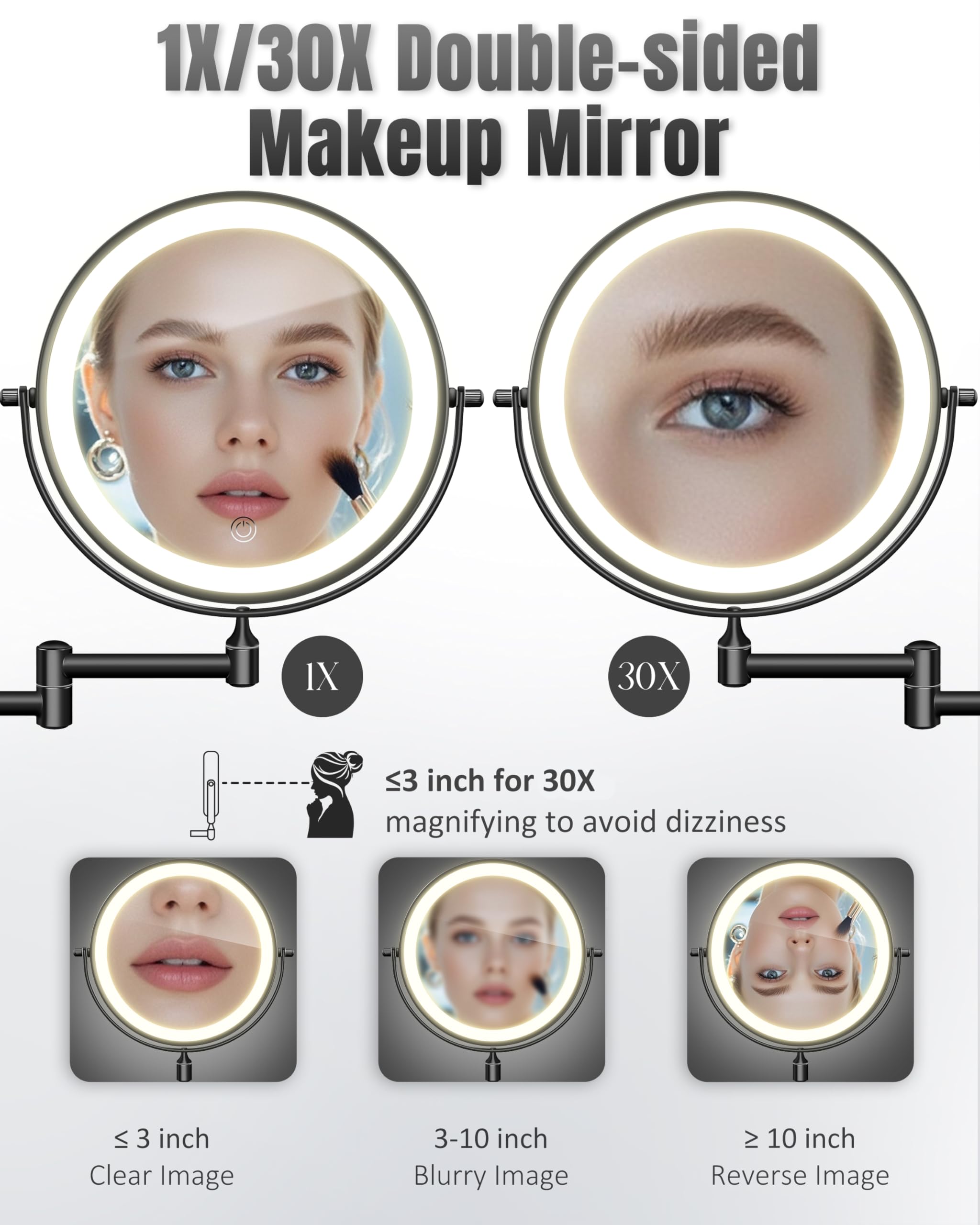 Wall Mounted Makeup Mirror with Light, 30X/1X 8'' Double Sided LED Magnifying Bathroom Lighted Vanity Mirror with Magnification, 3 Color Light up Touch Dimmable Extended Arm 360 Rotation