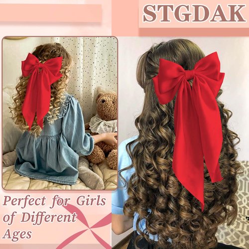 STGDAK Valentine's Day Hair Bows Classic Bow Clips Red Ribbon Bow Barrettes Large Bowknot Clip Satin Bowknot French Barrette Long Tail Cute Valentines Day Hair Accessories For Girls Women Teens
