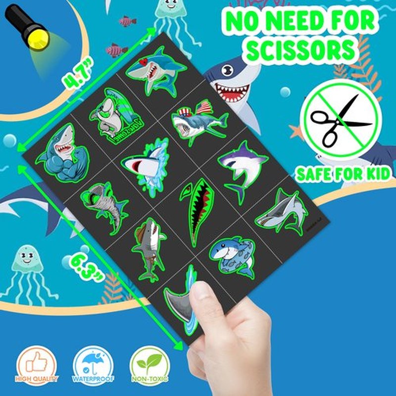 96 PCS Ocean Shark Glow In The Dark Pre-Cut Temporary Tattoos Sticker Sea Animal Birthday Party Decorations Decor Favors Supplies Gifts Boys Girls Cute Fake Tattoo School Reward Themed (Luminous)