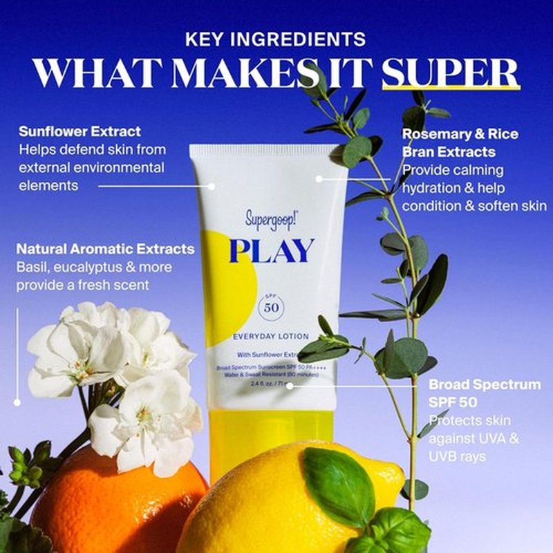 Supergoop! PLAY Everyday Lotion SPF 50 - Fast Absorbing, Water & Sweat Resistant Sunscreen - 2.4 fl oz