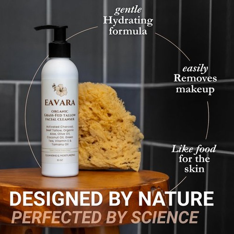 Eavara Beef Tallow Face Wash – Natural and Hydrating with Activated Charcoal, Aloe, Hyaluronic Acid, and Green Tea – Facial Cleanser with Grass Fed Beef Tallow – Face Wash for Women and Men – 6oz Pump