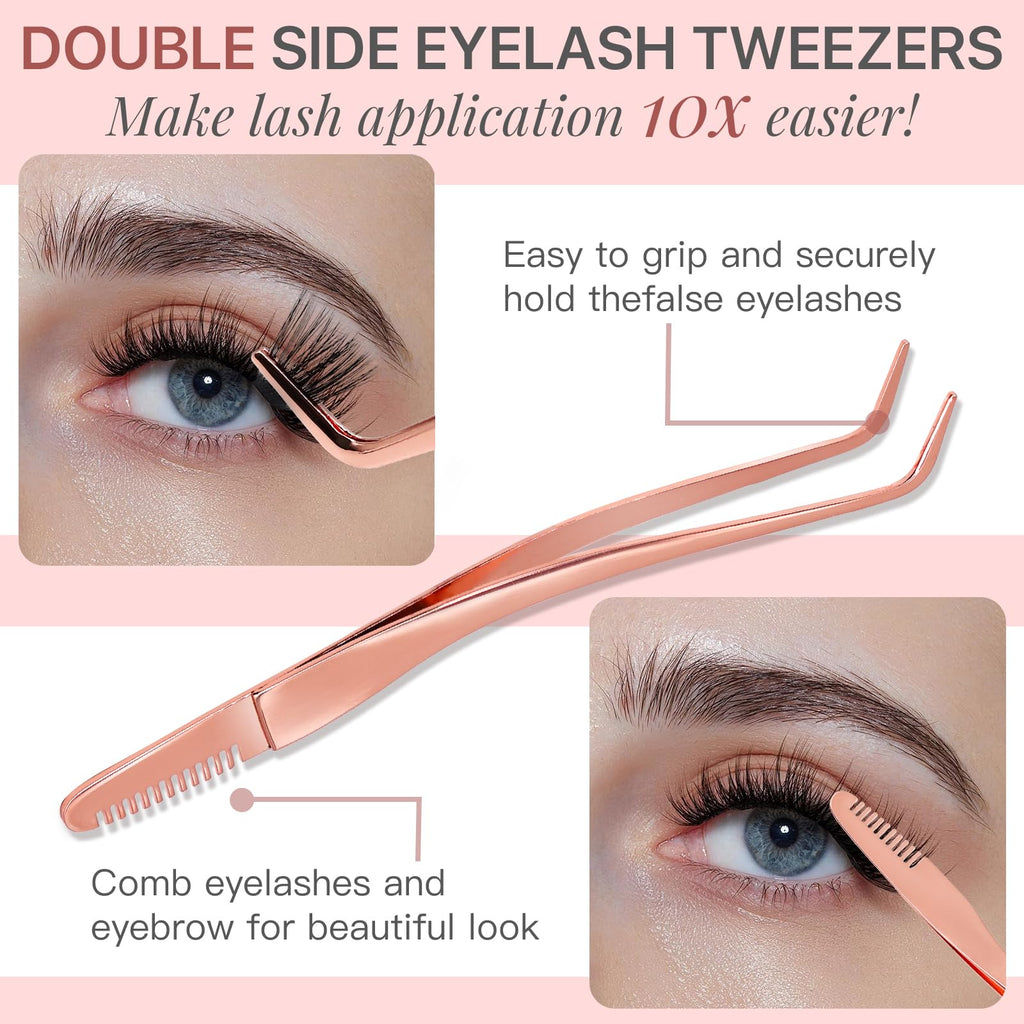 Vznffur Lash Applicator Tool with Comb, Curved Eyelash Tweezers for Precision Placement and Application, Stainless Steel Lash Tool for DIY Eyelash Extensions, Individual Clusters