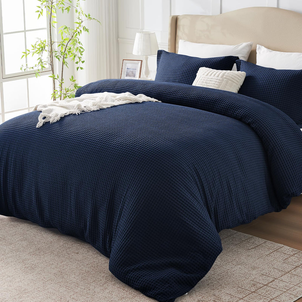 Easthome Waffle Weave Cotton Duvet Cover King Size - 100% Cotton Duvet Cover Set for All Season, Textured PureWoven Breathable Bedding Sets 3 Pcs with 2 Pillow Shams, Zipper, 4 Conner Ties,Navy Blue