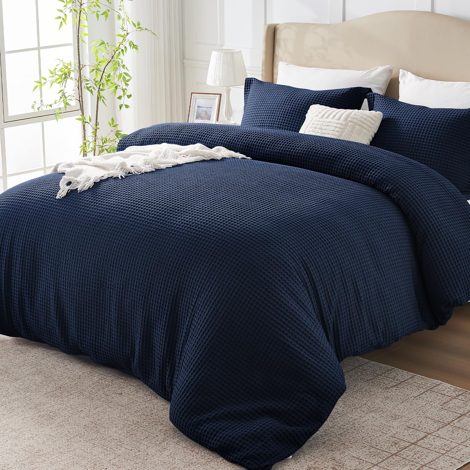 Easthome Waffle Weave Cotton Duvet Cover King Size - 100% Cotton Duvet Cover Set for All Season, Textured PureWoven Breathable Bedding Sets 3 Pcs with 2 Pillow Shams, Zipper, 4 Conner Ties,Navy Blue