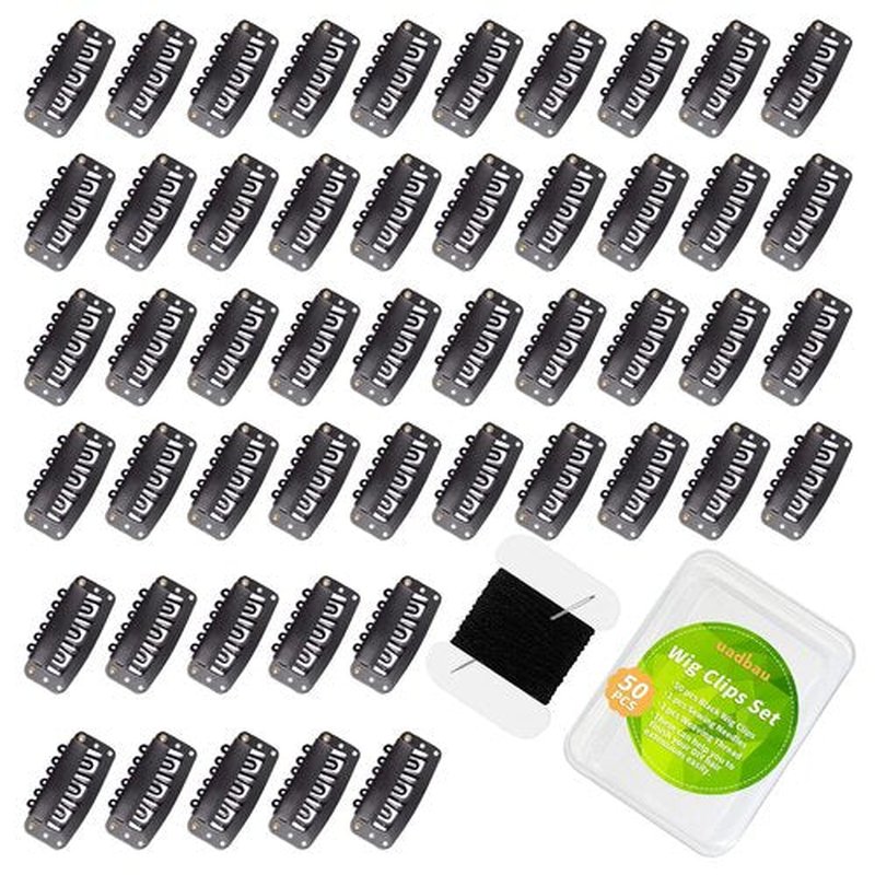 uadbau 50 Pcs 32mm 6-Teeth U-Shape Wig Clips for Clip-in Hair Extensions, with DIY Needle and Thread Kit – Snap Hair Clips for Hair Extensions Clip-ins (Black)