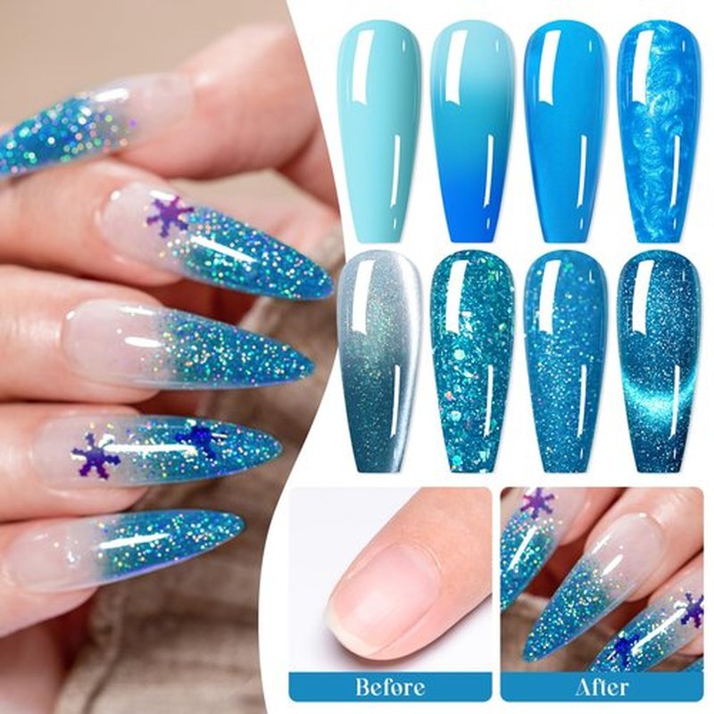 8PCS Gel Nail Polish Set Royal Sky Blue Navy, Reflective Glitter Cat Eye Color Changing Moonlight Magnetic Thermal Rubber Base Coat Glaze Builder Meteorite Sequins Glitter Thermal Manicure for Women