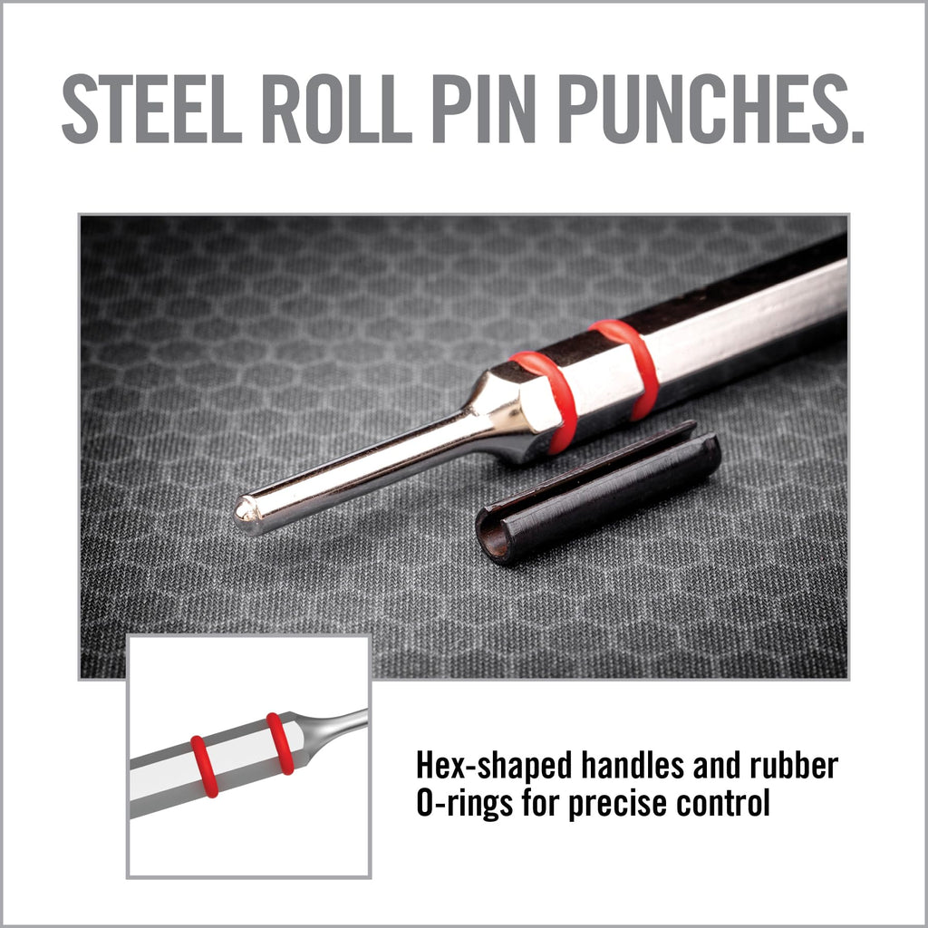 Real Avid Roll Pin Punch Set & Hammer + Non-Slip Magnetic Bench Block | 10 Nickel-Plated Steel Roll Pin Punches, 4 Interchangeable Hammer Heads - Brass, Steel, Ruber, Nylon & Non-Marring Bench Block