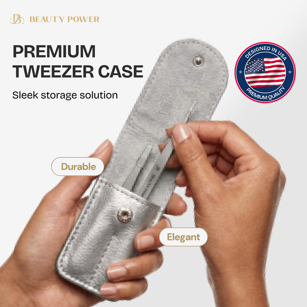 Beauty Power Professional Tweezers Set – Slant & Point, Ultra Precision German Stainless Steel Tweezers for Eyebrows, Chin, Ingrown Hair & Facial Grooming – Lightweight with Case - Gift Idea - Gray