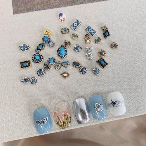 Retro Turquoise Totem Flower 3D Alloy Nail Art Mix Color Nail Charms, DIY Nail Art Decorations 50pcs