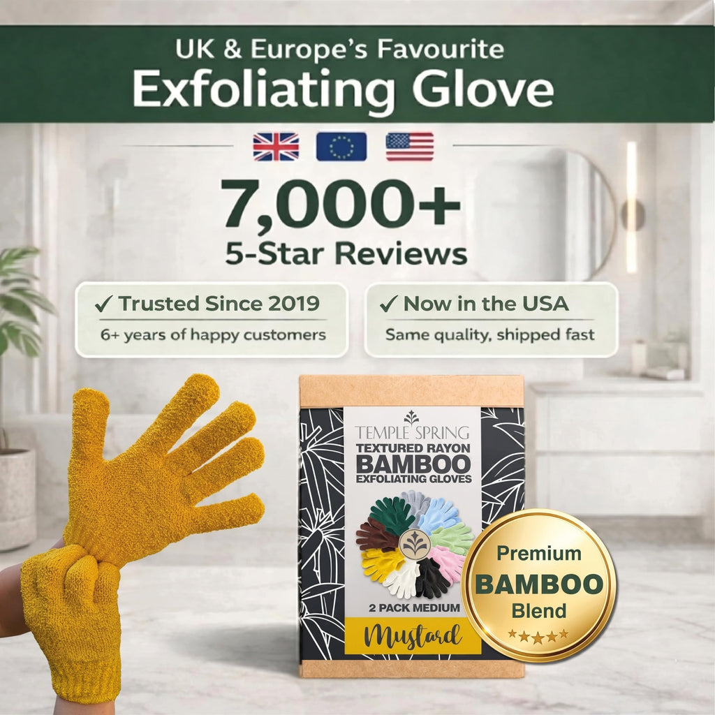 Temple Spring Shower Gloves Exfoliating for Women – Natural Textured Rayon Bamboo Exfoliating Glove with Thicker Weave for Deep Cleansing, Dead Skin Removal & Smooth Radiant Skin (1 Pair, Mustard)