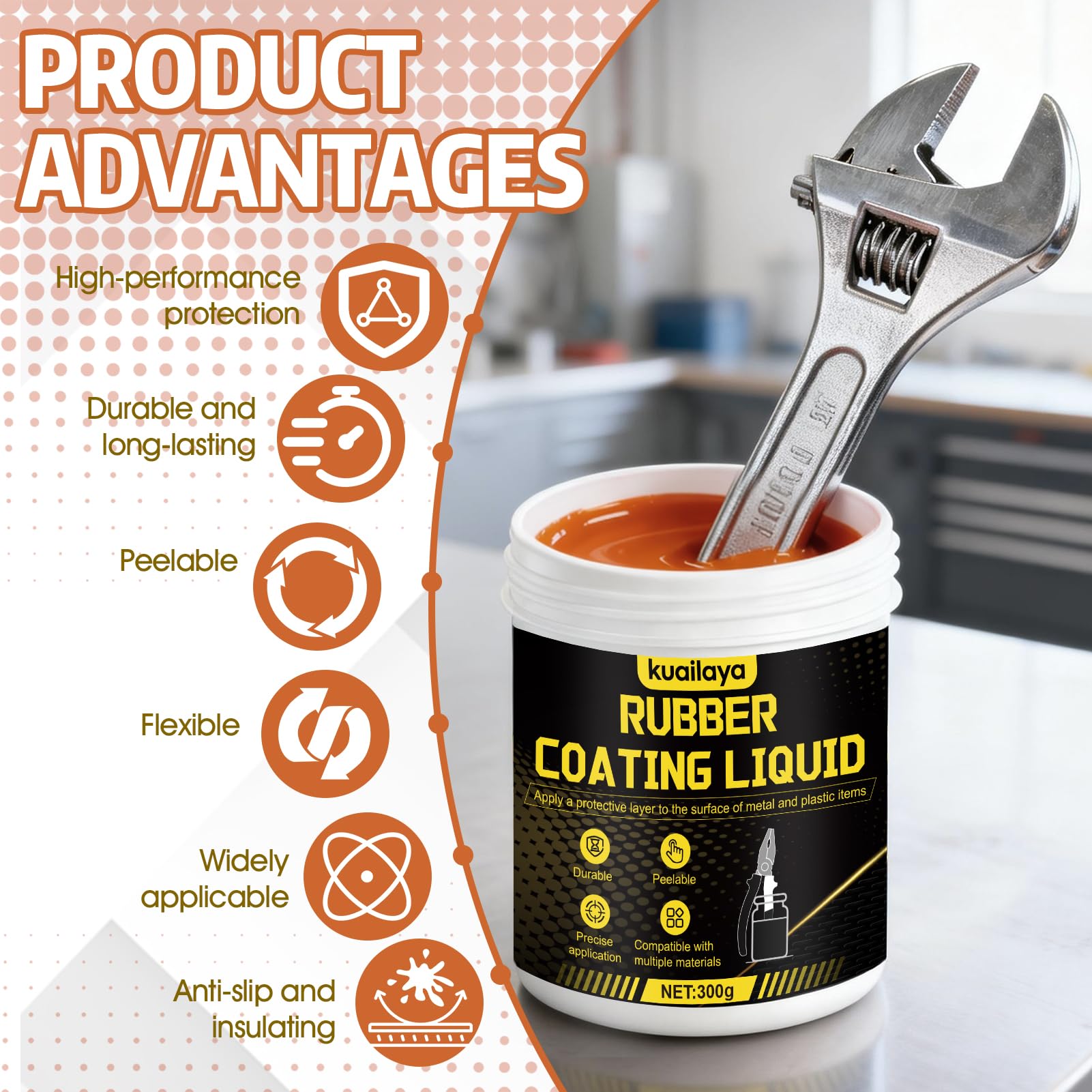 kuailaya Rubber Dip for Tools, Liquid Rubber Dip Tool Handle Dip Coating Effective Protection Slip Resistance Waterproof and Insulating Easy to Peel for Tool Protection Creative DIY, Burnt Orange 300g