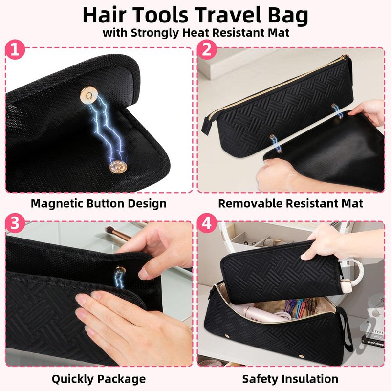 Veirdro Hair Tools Travel Bag with Heat Resistant Mat, Portable Hair Tool Organizer Travel Carrying Case for Straightener, Flat Iron, Curling Iron, Hair Dryer& Hair Styling Accessories Women (Black)