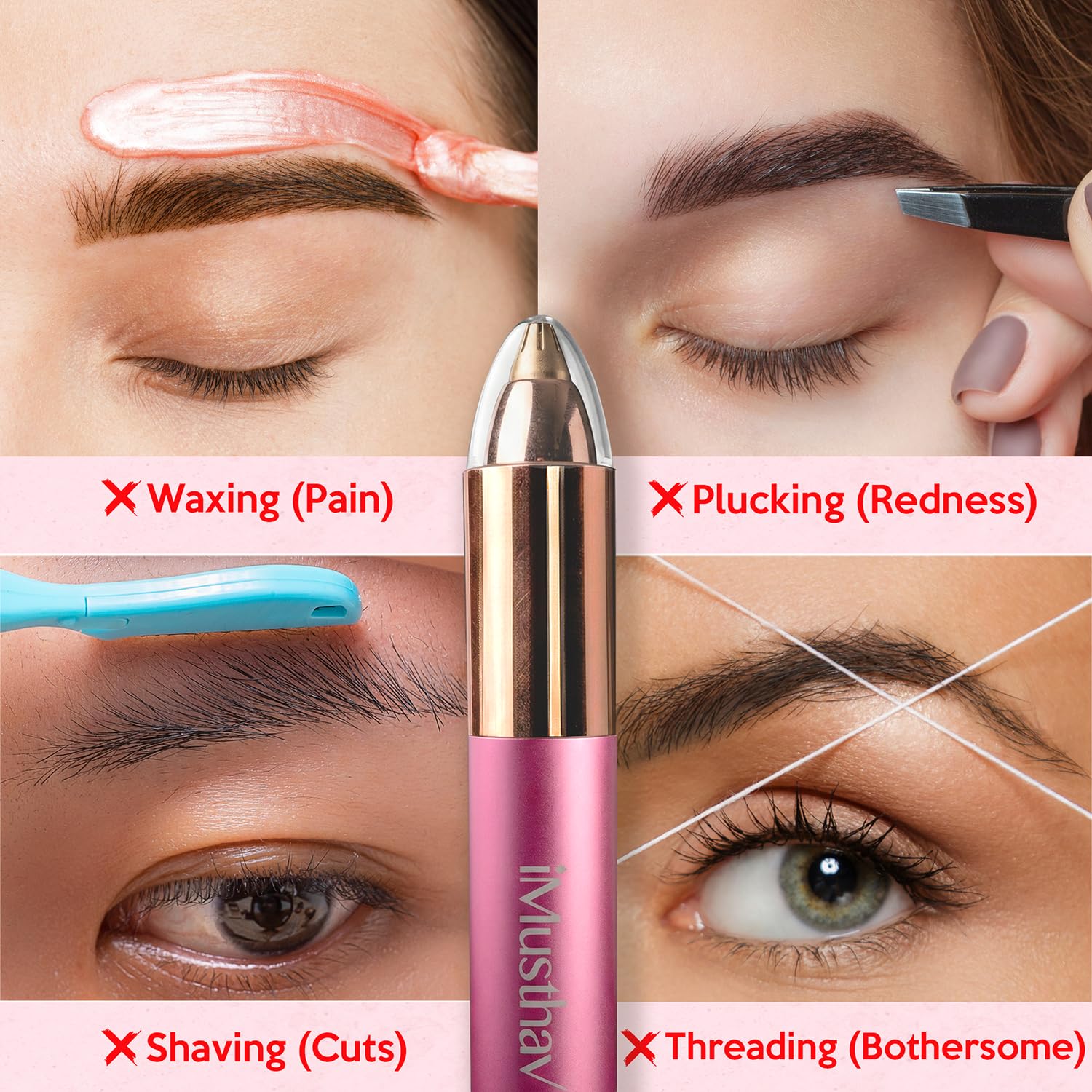 iMusthav Eyebrow Trimmer for Women, Precise & Painless Eyebrow Razor with LED Light, Electric Facial Hair Remover for Flawless Brows, Lip & Face, Battery Operated, Travel-Friendly, Gold-Plated Design