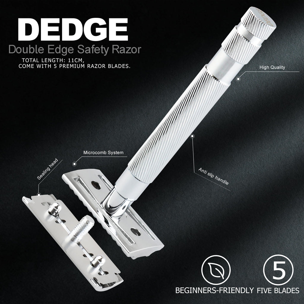 DEDGE Classic Double Edge Safety Razor Single Blade Razor For Men, Reusable Razor, with 5 Premium Razor Blades -Chrome