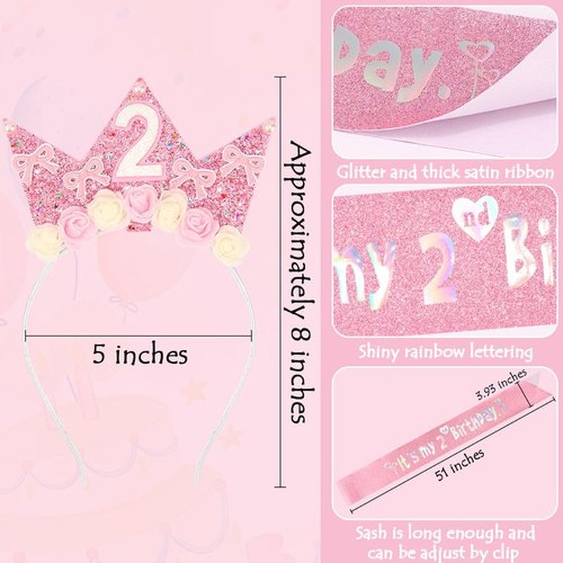 SuPoo 2nd Birthday Sash and Headband Flower 2nd Birthday Decorations for Girl Pink Bow Crown for Girls 2 Sash Princess Tiara Glitter Hair Band 2 Year Old Party Decorations Outfit Gift