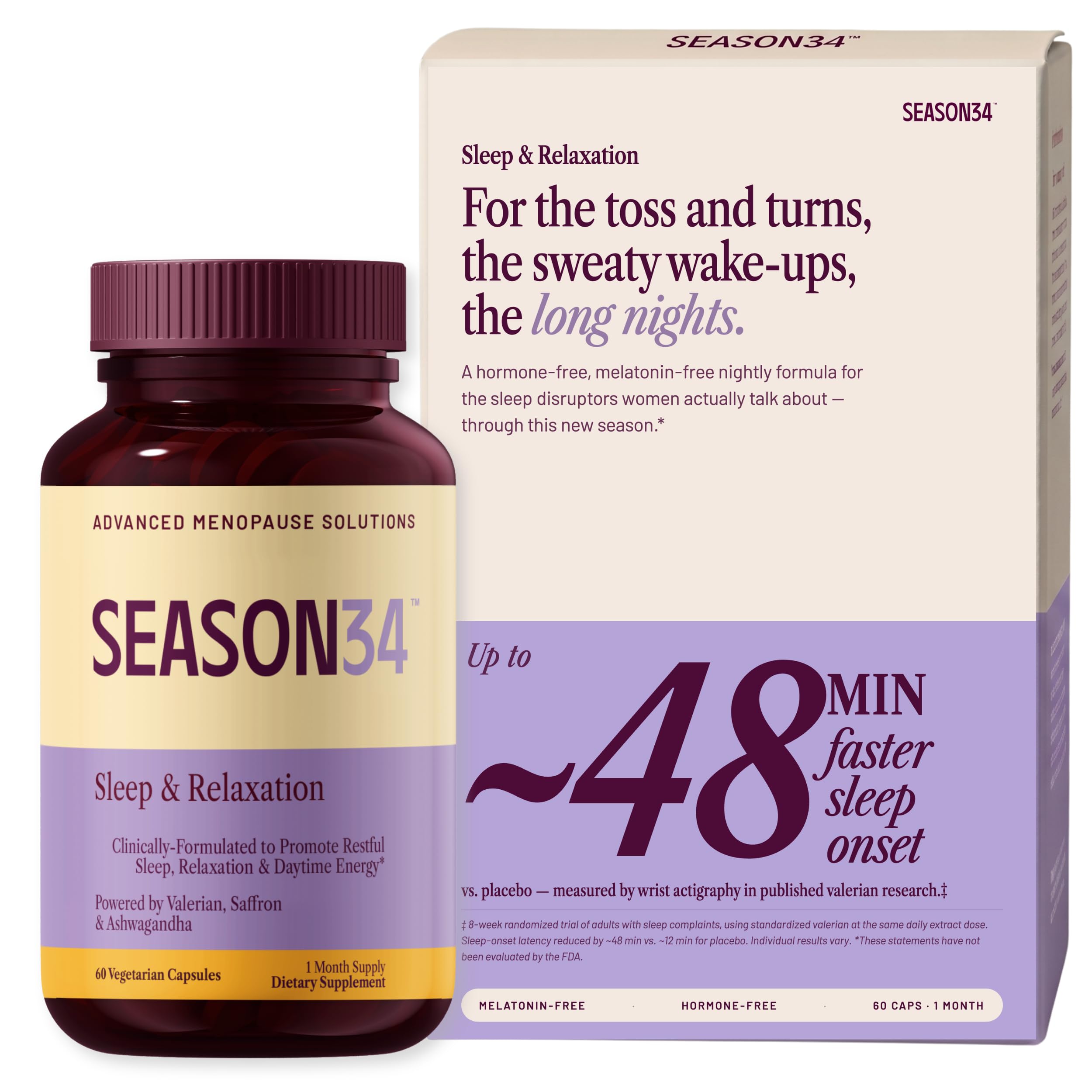 SEASON34 Menopause & Perimenopause Sleep Support for Women 35+ | Night Sweats & Hot Flash Relief, Herbal Non-Hormonal, Melatonin-Free, 60 Count