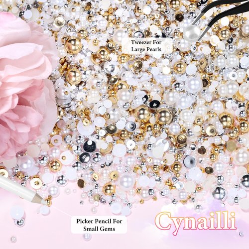 9000 Pcs Gold Silver Flatback Pearls for Crafting, Half Round Nail Gems, 2-8 mm White Beige Beads for DIY Jewelry Face Makeup With Pickup Pencil Tweezer