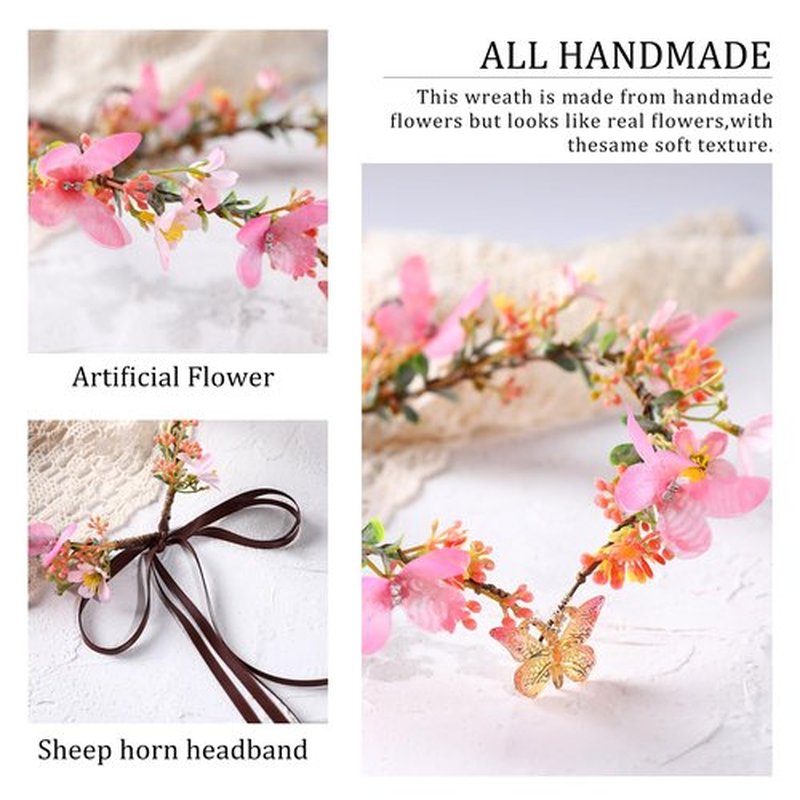 MOSTORY Pink Flower Fairy Crown - Handmade Elf Headpiece Floral Tiara with Butterfly Woodland Circlet for Women Girls Spring Wedding Renaissance Party Cosplay Photo Shoot