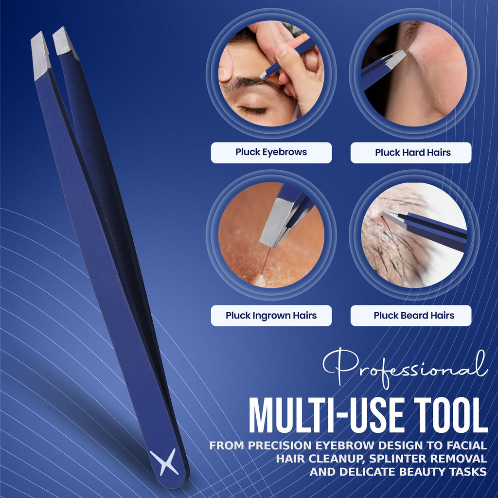 Slanted Stainless Steel Tweezers for Men & Women - Precision Eyebrow Tweezers for Facial Hairs, Strong Grip, Fine Tip, Professional Tweezer for Plucking & Grooming (Midnight Blue)