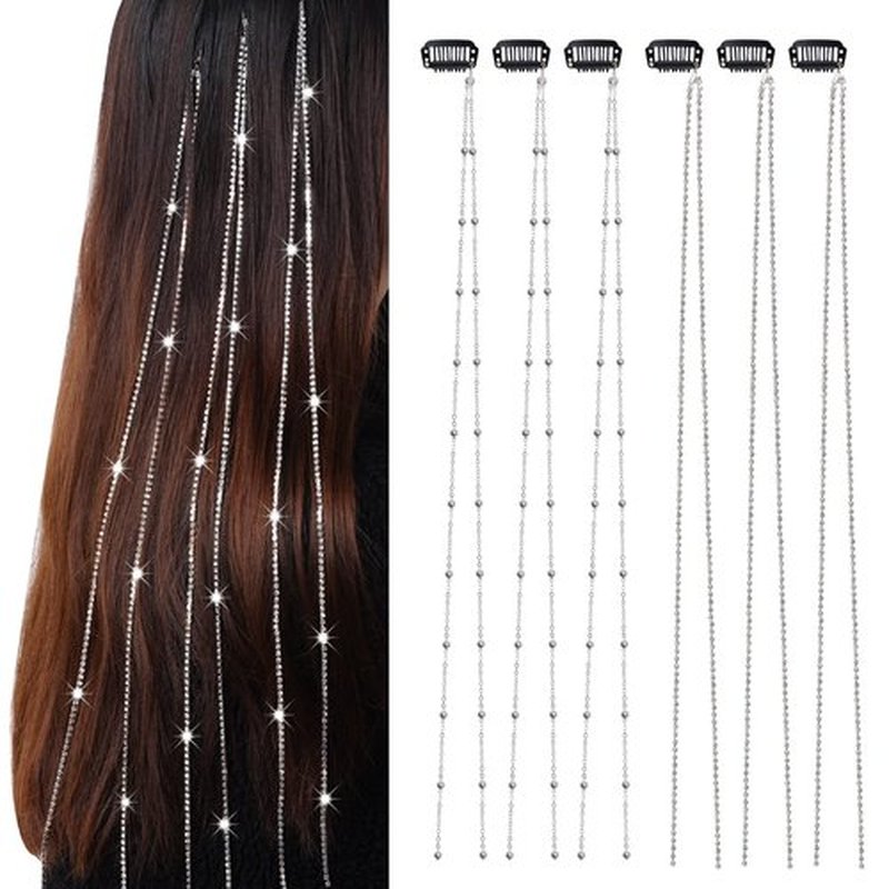 hoyuwak 6Pcs Hair Jewelry for Braids Rhinestone Hair Chains Clip In Bling Tassel Hair Charms Accessories for Women Girls Festival Rave, Silver