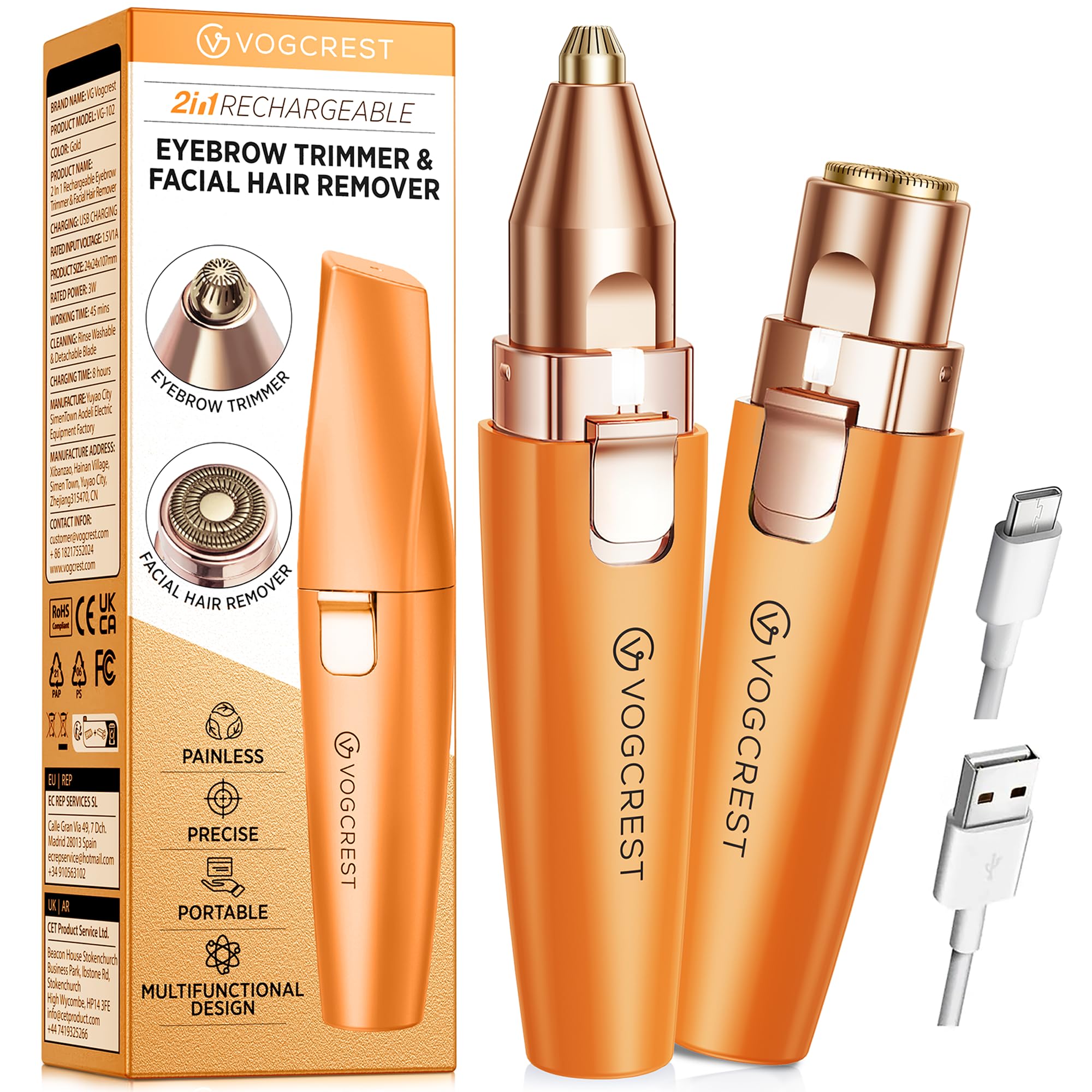 VG VOGCREST Eyebrow Facial Trimmer: 2 in1 Rechargeable Facial Hair Removal and Eyebrow Shaver - Face Lips Body Painless Facial Razor with Built-in LED Light (Orange)