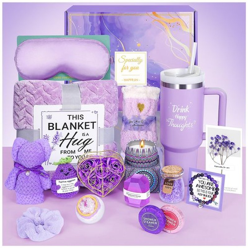 Birthday Gift for Women, Self Care Get Well Soon Gifts, Lavender Relaxing Spa Basket Care Package w/ Flannel Blanket 40 oz Tumbler, Unique Teacher Mother's Day Gifts for Mom Her Friend Sister Wife