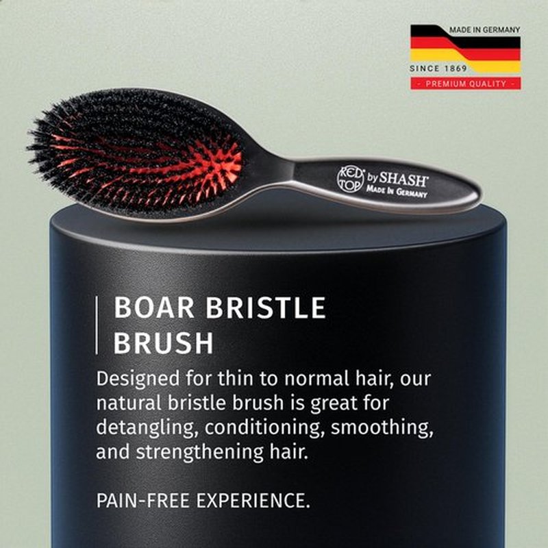 SHASH 100% First Cut Boar Bristle Hair Brush, Suitable For FINE TO THIN HAIR TYPES ONLY - Naturally Conditions Hair and Improves Texture, Made in Germany (Black, Meduim)