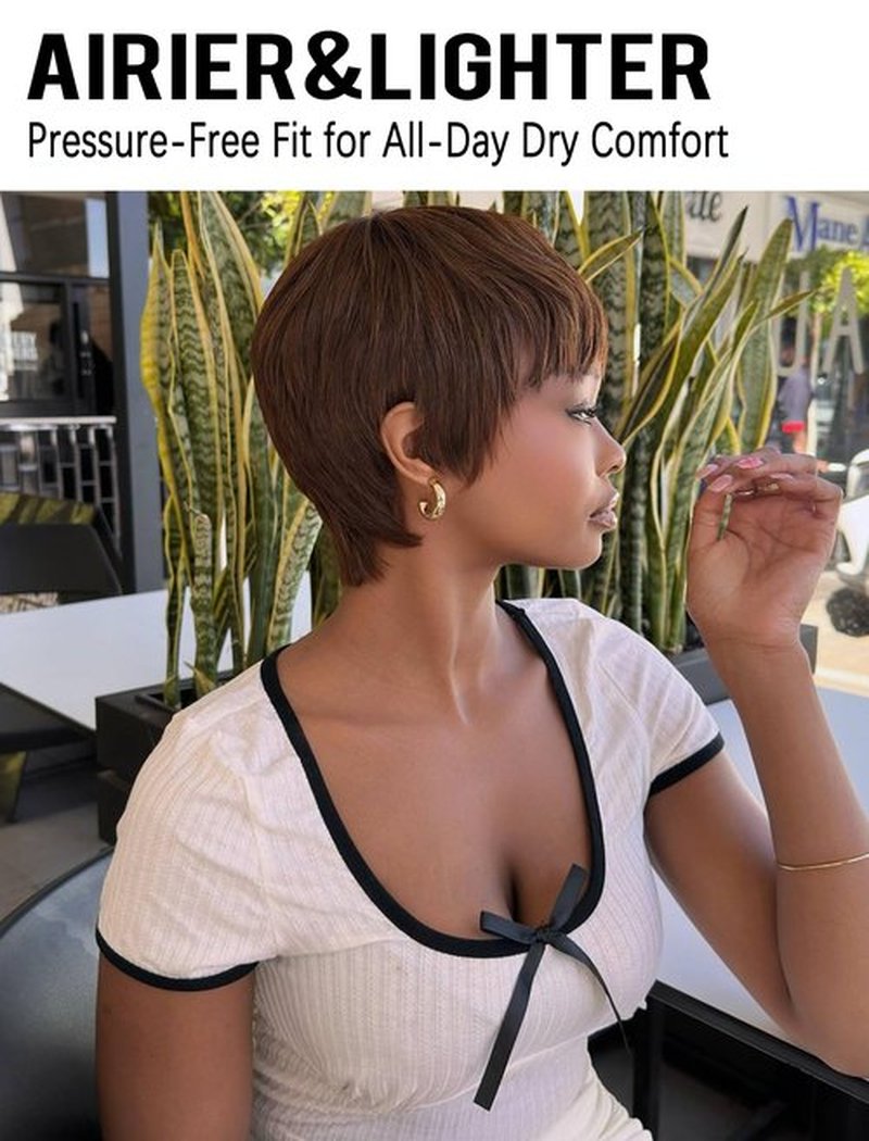 Realloves Pixie Cut Wig Human Hair Glueless Wear and Go Brazilian Virgin Remy Hair with Pre-Cut Bangs Short Wigs for Women, Full Machine Made Lightweight & Breathable Cap Chocolate Brown Color