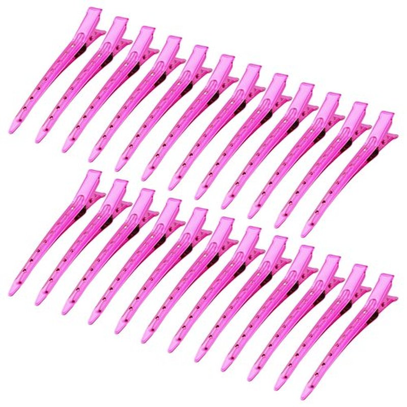 24 Packs Duck Bill Clips, Bantoye 3.35 Inches Rustproof Metal Alligator Curl Clips with Holes for Hair Styling, Hair Coloring, Bright Pink
