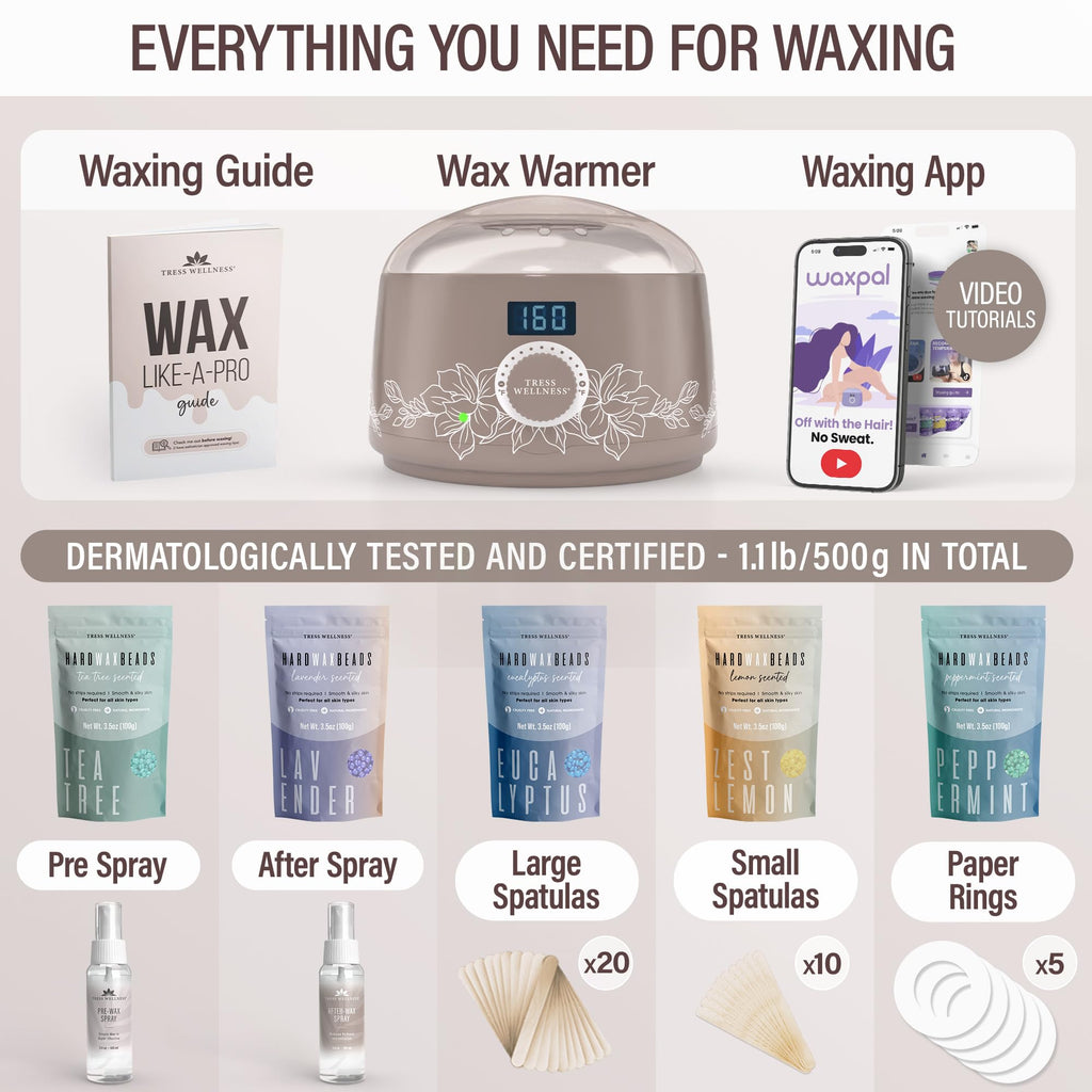 Tress Wellness Award Winning Waxing Kit for Sensitive Skin – Safe for Face & Skin, Easy to Use – At-Home Kit for Face, Bikini, Brazilian & Full Body - Digital Display, Dusty Chocolate