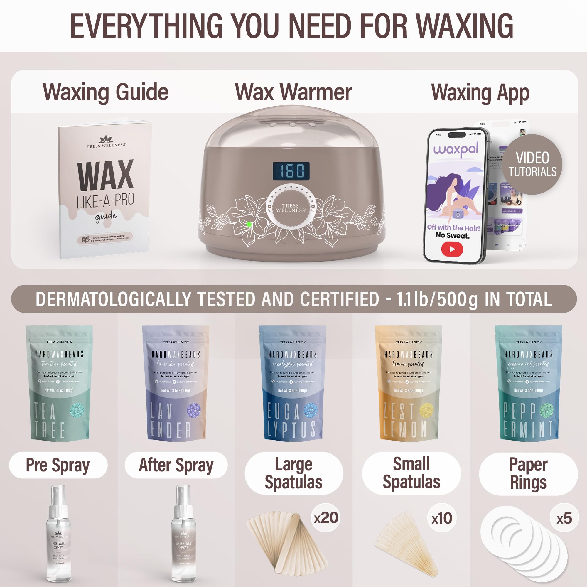 Tress Wellness Award Winning Waxing Kit for Sensitive Skin – Safe for Face & Skin, Easy to Use – At-Home Kit for Face, Bikini, Brazilian & Full Body - Digital Display, Dusty Chocolate